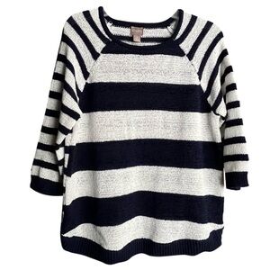 Chico's Raglan 3/4 Sleeve Pullover Sweater Cotton Blend White Navy Stripe Size 2